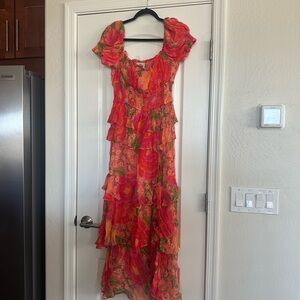 Farm Rio Womens L Maxi Dress Blooming Floral Print Lined Square Neck NWOT